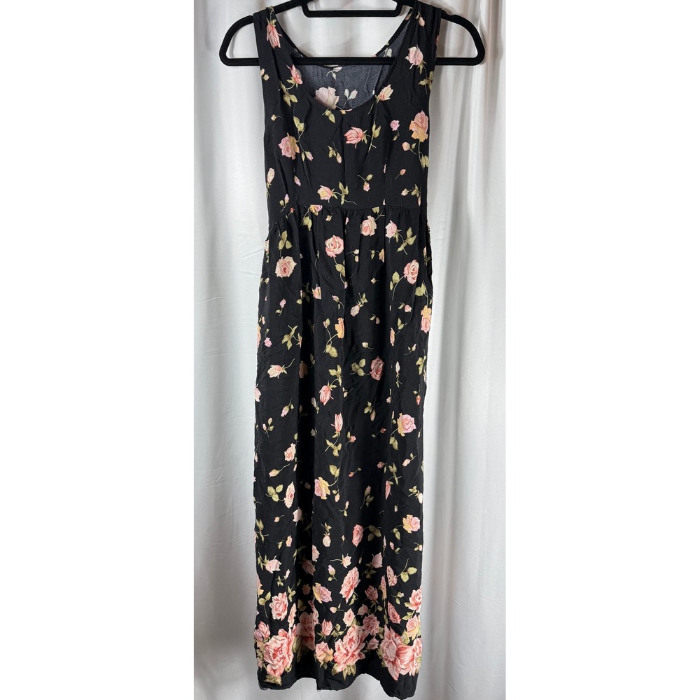 Vintage Floral Maxi Dress Women's Black Sleeveless Grandmacore